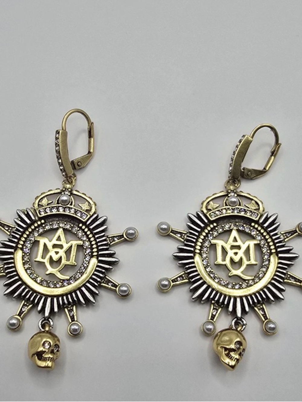 Alexander McQueen Gold Pearl & Skull Medallion Drop Earrings